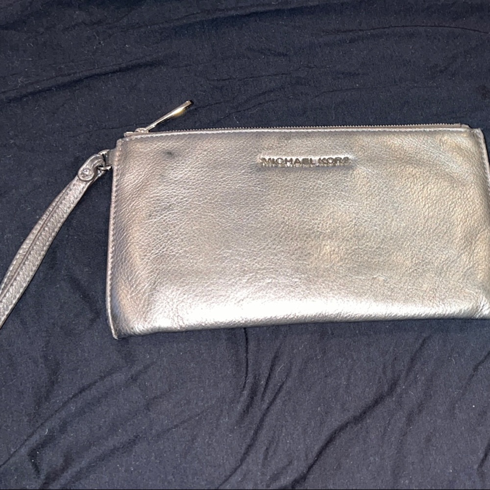 Michael Kors Large Leather Zip Wristlet/Clutch - Silver